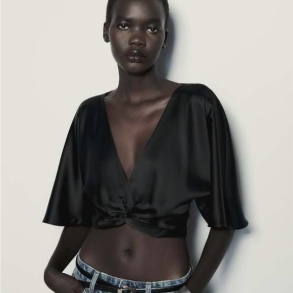 ZARA BLACK SATIN KNOTTED CROPPED TOP - Picture 6 of 6